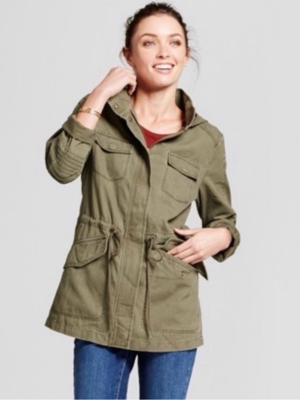Olive hooded jacket with elbow detail and cinch waist